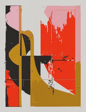 An abstract expressionist artwork composed of geometric shapes and blocks in pink, red, black, white, and ochre/olive tones.
