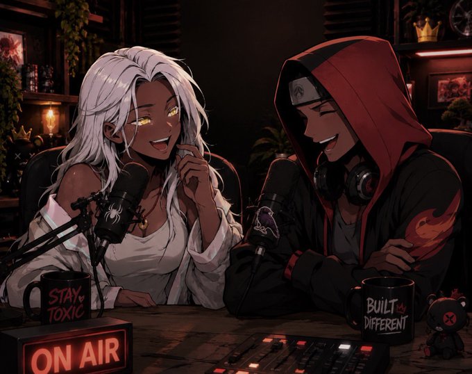 Anime-style artwork of two characters at a podcast setup, a white-haired woman with yellow eyes and a hooded figure resembling Itachi Uchiha, with mugs reading 'STAY TOXIC' and 'BUILT DIFFERENT' and an 'ON AIR' sign.