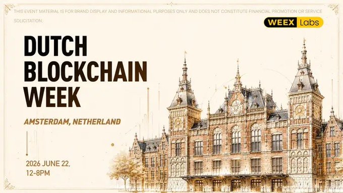 The image features a poster for the Amsterdam, Netherlands Dutch Blockchain Week event. The poster displays an illustration of a large building with two towers, which serves as the backdrop for the event's title. The text "Dutch Blockchain Week" is prominently displayed at the top and bottom of the poster in white letters. The poster also includes details about the event, such as its date (June 22) and time (12:30 PM - 1:00 PM).