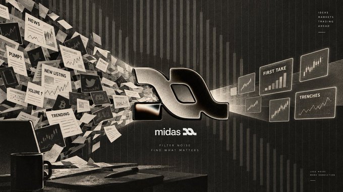 A promotional graphic for 'midas' displays the tagline 'FILTER NOISE. FIND WHAT MATTERS.' The central logo, a stylized 'm', emerges from a chaotic pile of trading data, news, and charts on the left and transitions into organized financial graphics like 'FIRST TAKE' and 'TRENCHES' on the right.