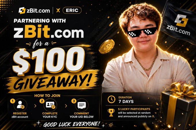 A promotional graphic for a '$100 GIVEAWAY' partnership between zBit.com and 'ERIC', lasting 7 days with 5 lucky participants. Instructions include: 1) Register zBit account, 2) Complete your KYC, 3) Comment your UID below.