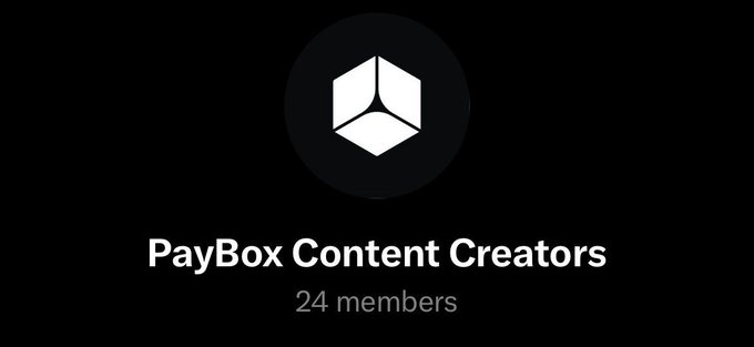 The image displays a Discord or community server header for "PayBox Content Creators" with 24 members, featuring a white 3D cube logo on a black background. The post's username handles "moonpaymaxxin" and "payboxmaxxin" cleverly mirror the PayBox branding, suggesting the user is part of or promoting this PayBox content creator community.