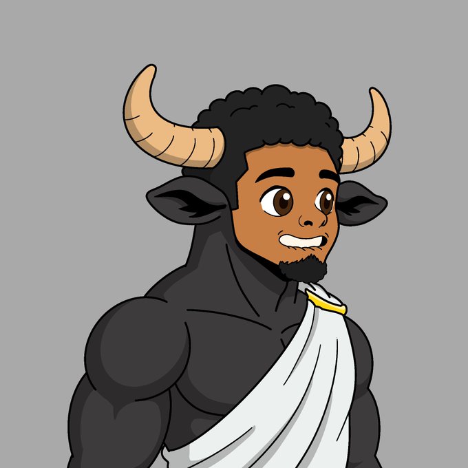 A cartoon illustration of a muscular minotaur/bull character with a black bull's head, brown human face, large curved horns, wearing a white toga with gold clasp, smiling against a gray background.