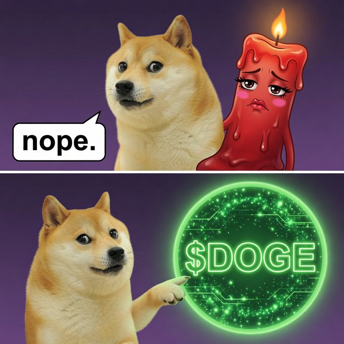 A popular "doge" Shiba Inu meme shows the dog dismissing a sad red candle character with "nope." in the top panel, then pointing approvingly at a glowing green "$DOGE" coin in the bottom panel—visually reinforcing the post's bullish "$DOGE to a dollar" sentiment by rejecting bearish red candles in favor of green gains.