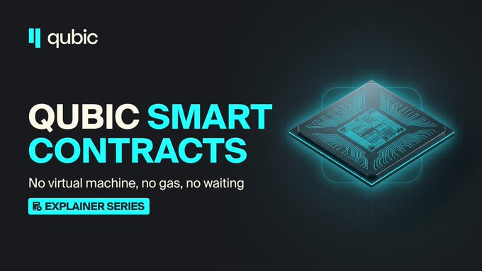 A stylized 3D chip graphic accompanies the headline "QUBIC SMART CONTRACTS," with the tagline "No virtual machine, no gas, no waiting," highlighting Qubic's distinctive approach to smart contracts as part of an explainer series.