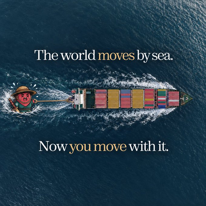 An aerial view of a cargo ship loaded with shipping containers, being pulled by a small cartoon character wearing a straw hat, with the text "The world moves by sea. Now you move with it."

The image metaphorically illustrates the post's message about crypto market rotation—much like the cartoon character struggling to pull a massive container ship, investors trying to push speculative altcoins are facing an uphill battle as capital flows out of crypto into AI, leaving most altcoins adrift.
