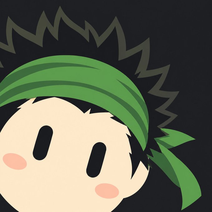 A simple cartoon-style illustration features a character with a green bandana and spiky black hair against a black background.