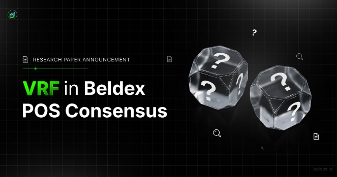 A dark promotional graphic announces a "RESEARCH PAPER ANNOUNCEMENT" for "VRF in Beldex POS Consensus," featuring two 3D dodecahedrons marked with question marks.