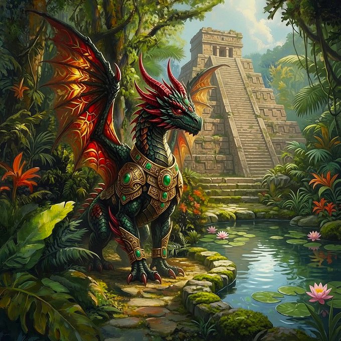 A vibrant fantasy painting depicts a red and black dragon adorned with green gemstones, standing in a lush jungle near a pond with lily pads and an ancient stone pyramid in the background.