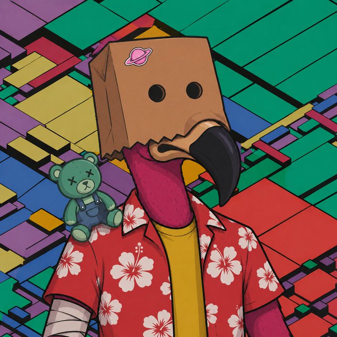 The image features an artist's illustration of a man wearing a paper bag hat, which appears to be made out of cardboard or paper bags. The man is also holding a stuffed animal, specifically a teddy bear. The background consists of colorful squares, creating a vibrant and lively atmosphere for the artwork. The post includes information about today's date, time, and location, as well as an invitation for viewers to check their eligibility for a free spot on the GTD collection page.