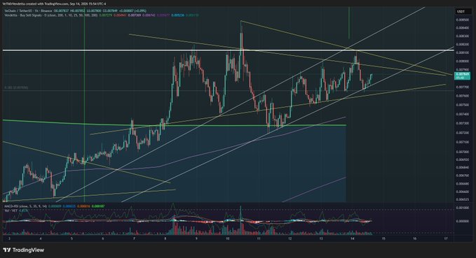 A TradingView candlestick chart displays the VET/USD pair, showing price action with various trend lines, moving averages, and an RSI indicator at the bottom.