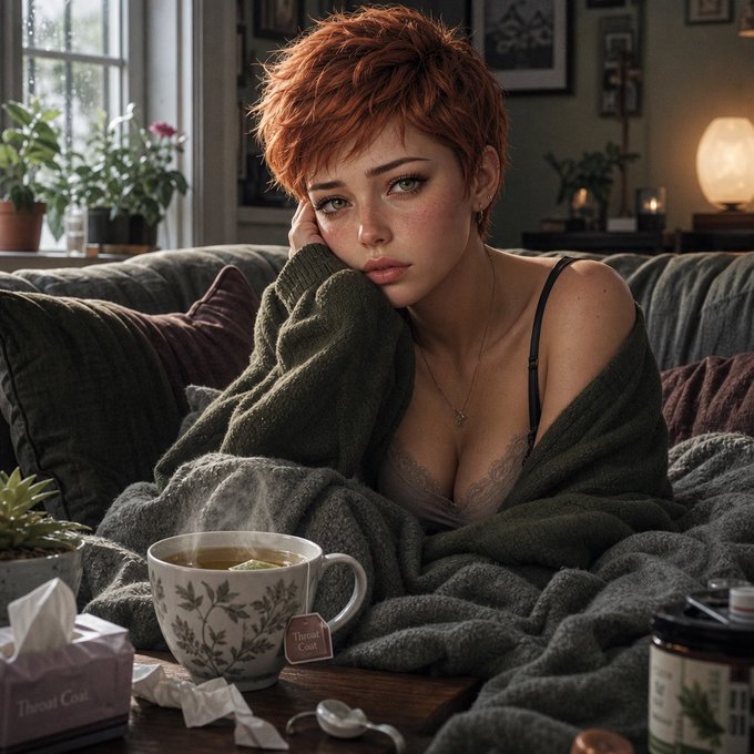 A digital illustration of a young woman with short red hair wrapped in a dark green blanket on a couch, with a cup of herbal tea labeled 'Throat Coat' and a box of tissues nearby.