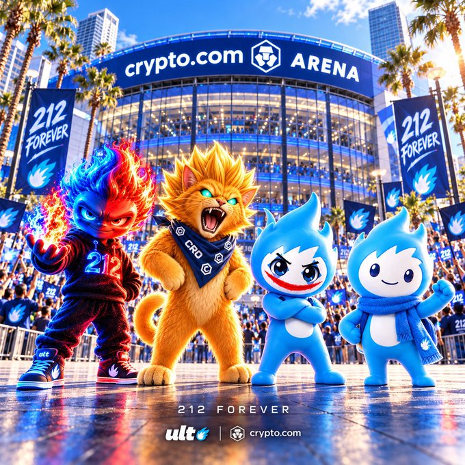 A promotional poster for crypto.com Arena featuring four colorful animated mascot characters (a fire-haired figure, a golden cat, and two blue water-like figures) standing in front of the arena with '212 FOREVER' banners and 'crypto.com ARENA' signage visible.