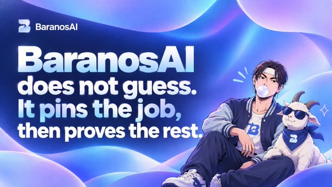 An advertisement for 'BaranosAI' with the tagline 'does not guess. It pins the job, then proves the rest.'