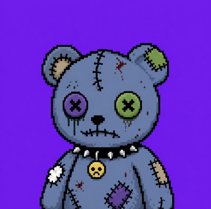 Pixel art of a creepy, stitched-up blue teddy bear with mismatched button eyes, patches, and a spiked collar featuring a skull tag, set against a purple background.