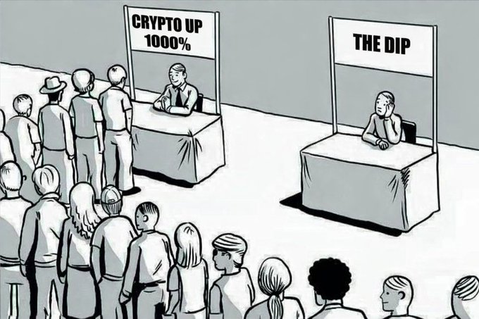 A cartoon illustration showing a long line of people at a booth labeled 'CRYPTO UP 1000%' while another booth labeled 'THE DIP' sits completely empty.