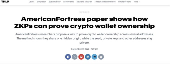 A TechCrunch article headline reads 'AmericanFortress paper shows how ZKPs can prove crypto wallet ownership,' published September 24, 2026.