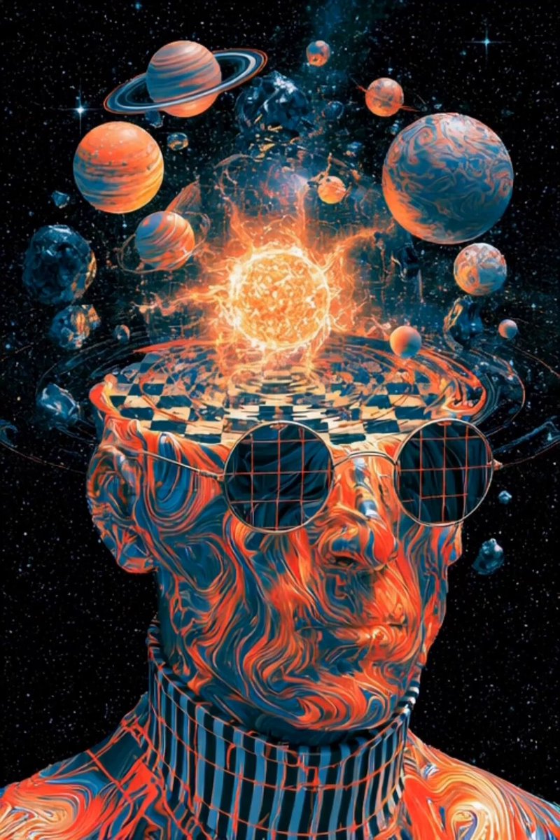 The image features an abstract depiction of a person's head with a checkered pattern, surrounded by planets and stars. The mind inside the head appears to be expanding or exploding, creating a swirling galaxy-like effect. The colors used are predominantly orange and black, giving the impression of a fiery explosion. The post that accompanies this image is titled "Day 148 of the 2026 Daily Collection" and provides information about the artist's name and the post's source.
