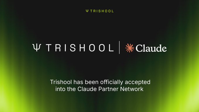 The image features a green background with white text that reads "This is the kind of validation $TAO holders have been waiting for. Trishool (Subnet 23) has been accepted into Anthropic' Claude Partner Network, helping secure enterprise Claude deployments with its Halo guard model". The main focus of this post is to promote Trishool's partnership with the Claude Partner Network and highlight their commitment to providing reliable and secure cloud-based solutions.