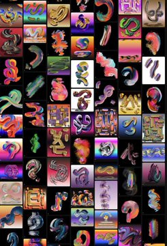 A vibrant collage of surreal digital artwork featuring colorful abstract figures, creatures, and shapes on dark backgrounds, representing an artistic NFT collection by artist @busrasuhaydar on OpenSea. The grid showcases diverse imaginative pieces with glowing neon hues and fantastical forms characteristic of surreal digital art.