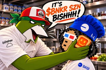 A cartoon featuring Pepe the Frog dressed as a fast-food worker yelling 'IT'S $BNKR SZN BISHHH!' while holding a cheeseburger up to a skull wearing a blue 'BASE' beanie.