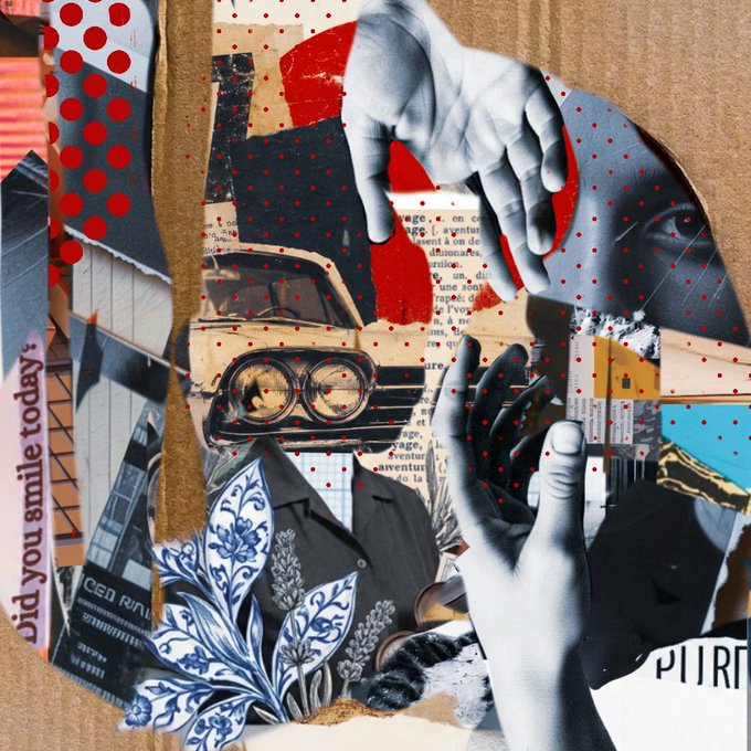 A mixed-media collage featuring hands, a vintage car headlight, a face, and floral patterns, with the text 'Did you smile today' visible on the left side.