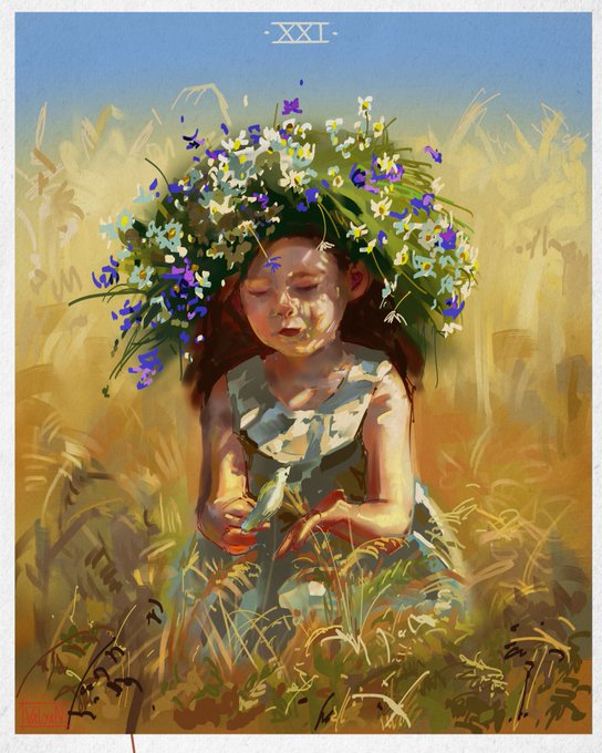 A painted illustration of a young girl with eyes closed wearing a crown of white and purple wildflowers, holding a small bird in her hands, with the Roman numeral 'XXI' at the top.