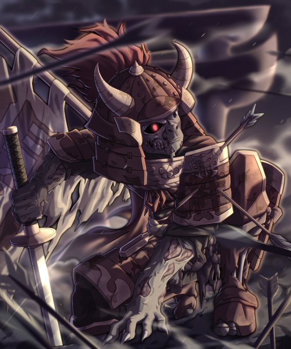 A dark fantasy digital illustration of an armored skeleton warrior wearing a horned helmet with a glowing red eye, wielding a sword amid arrows and shadows.