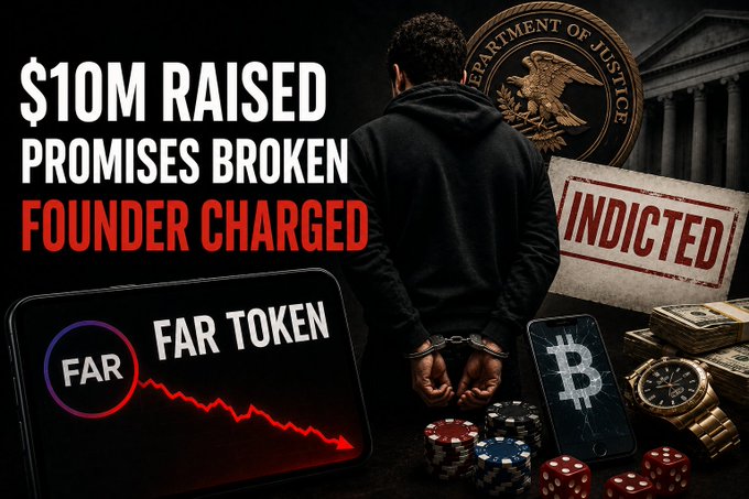 A YouTube thumbnail featuring a hooded figure in handcuffs with text reading '$10M RAISED, PROMISES BROKEN, FOUNDER CHARGED' alongside a phone displaying a declining 'FAR TOKEN' chart.