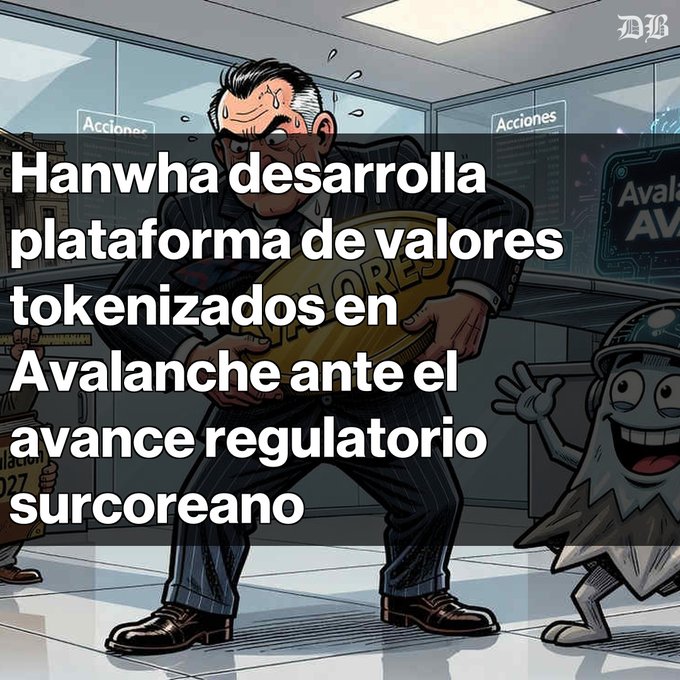 A cartoon image featuring a sweaty businessman holding a gold bar with an Avalanche logo character on the right, overlaid with Spanish text about 'Hanwha desarrollando plataforma de valores tokenizados en Avalanche ante el avance regulatorio surcoreano'.