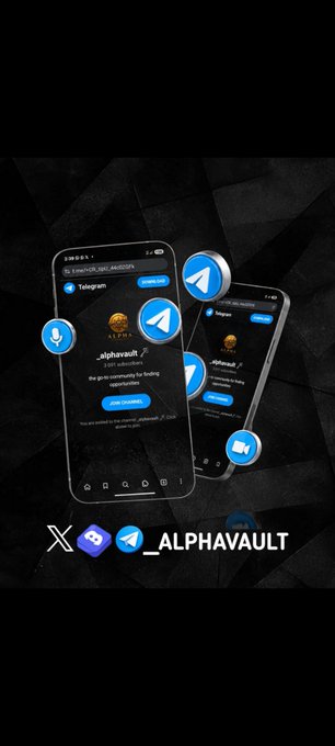 A promotional graphic for ALPHAVAULT shows two smartphone mockups displaying the Telegram-based crypto community with the X (Twitter) and Telegram logos at the bottom.