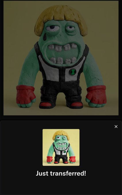 A clay figurine of a green-skinned character with blonde hair, a black eye, and a black outfit, displayed with a "Just transferred!" message below.