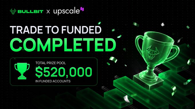 A promotional graphic features "BULLBIT x upscale" branding with bold text reading "TRADE TO FUNDED COMPLETED" and shows a total prize pool of "$520,000 IN FUNDED ACCOUNTS," alongside a 3D rendered green trophy on a dark background.