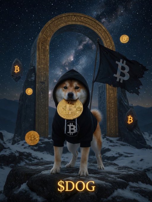 The image features a dog standing on a rock, wearing a hoodie with "$DOG" written on it. The dog also has two gold Bitcoins attached to its neck, making it look like a Bitcoin-themed costume. In addition to the dog's attire and coins, there are four Bitcoins floating in the air around the dog, creating an atmosphere of cryptocurrency fascination. The background is dark blue with stars scattered throughout, giving the impression that they are standing under a starry night sky.
