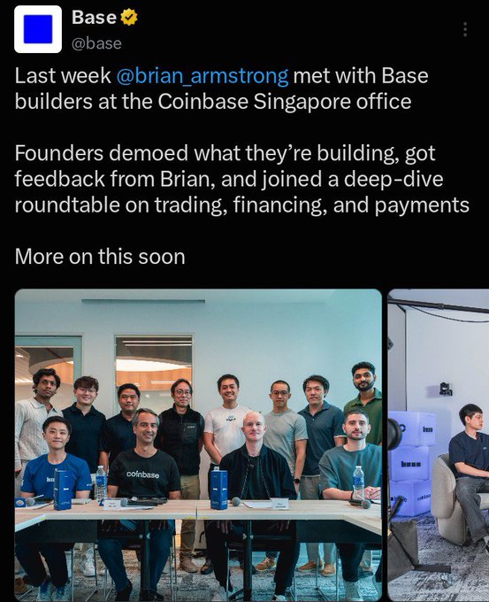 A screenshot of a Base (@base) social media post about @brian_armstrong meeting Base builders at the Coinbase Singapore office, featuring a group photo of attendees.