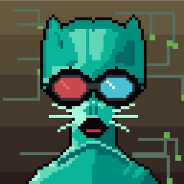 A pixel art portrait of a cyan/green cat character wearing asymmetrical red and blue round glasses, set against a dark background with circuit board patterns.