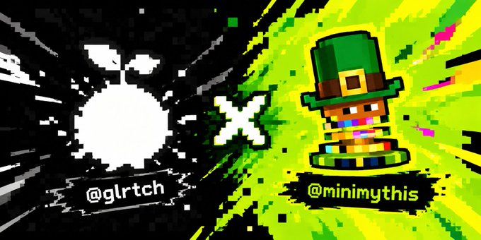 A split graphic with pixelated art shows two usernames: @glrtch on a black background with a white character, and @minimythis on a green background with a leprechaun character.