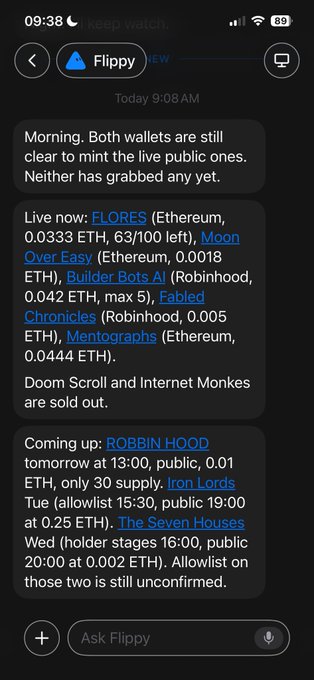 A screenshot of a chat message from a bot named "Flippy" discussing NFT mints, listing live drops including FLORES, Moon Over Easy, Builder Bots AI, Fabled Chronicles, and Mentographs with their Ethereum prices, and upcoming releases like ROBBIN HOOD, Iron Lords, and The Seven Houses.