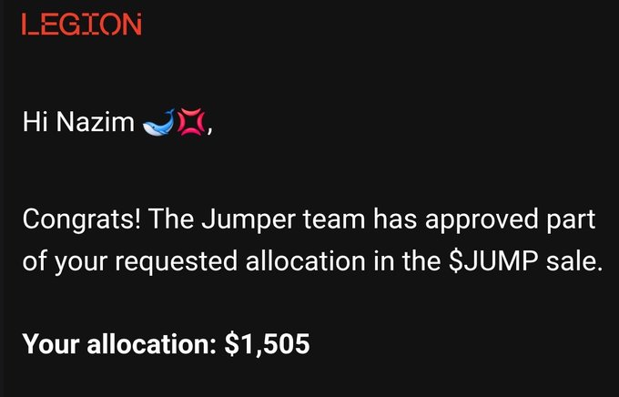 A message from LEGION addressed to "Nazim," announcing that the Jumper team has approved part of the requested $JUMP sale allocation, with an approved allocation amount of $1,505.