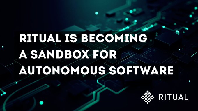 The image features a dark, tech-themed background with glowing teal circuit patterns, overlaid with the bold text "RITUAL IS BECOMING A SANDBOX FOR AUTONOMOUS SOFTWARE" and the "RITUAL" logo with its distinctive geometric symbol in the bottom right corner. It visually reinforces the post's message about Ritual's testnet evolving into an experimental environment where developers are building with 4,000+ agents, 200+ community dApps, and 54M+ blocks finalized.