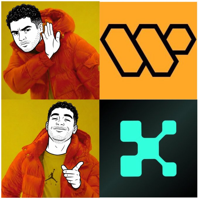 A four-panel meme showing a man in an orange puffer jacket rejecting an 'OCP' logo in the top panels, and approving a teal 'H' logo in the bottom panels.