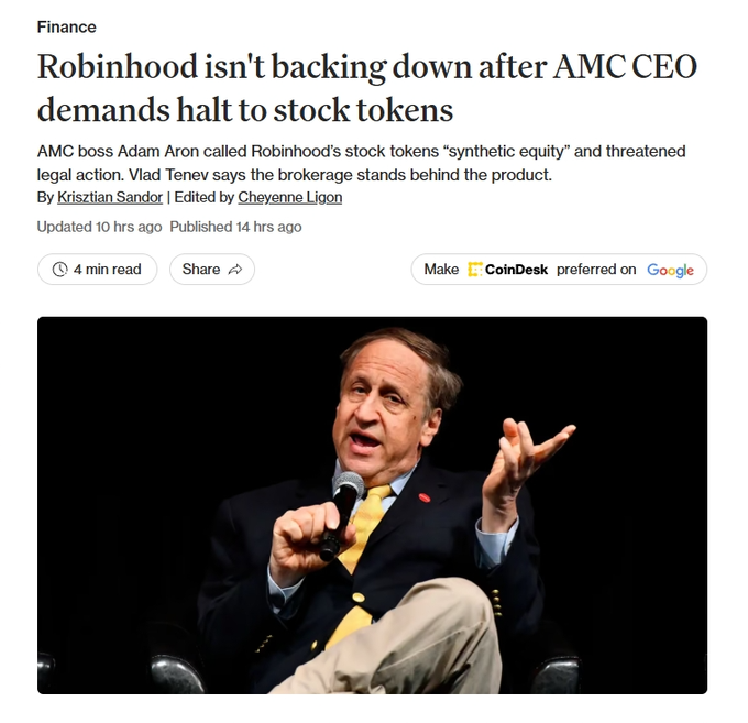 A CoinDesk article headlined "Robinhood isn't backing down after AMC CEO demands halt to stock tokens," featuring a photo of a man in a dark suit and yellow tie speaking into a microphone, accompanies a post highlighting growing crypto industry support for Adam Aron's stance against Robinhood's tokenized equities product.