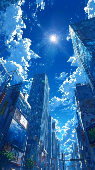 A vibrant anime-style illustration shows a bright sunny sky with scattered clouds towering over modern glass skyscrapers in a bustling city street.
