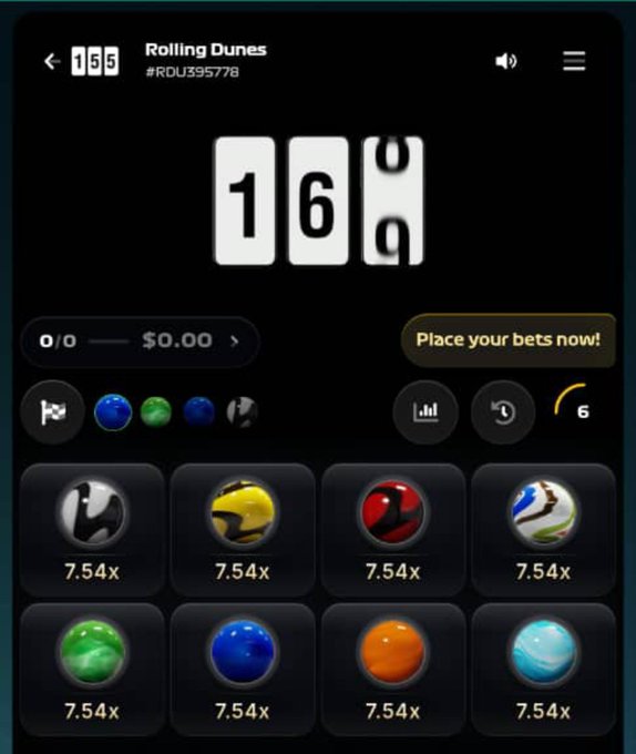 A screenshot of the 'Rolling Dunes' mobile game interface (code #RDJ395778) showing slot-style orbs all displaying 7.54x multipliers and a 'Place your bets now!' button.