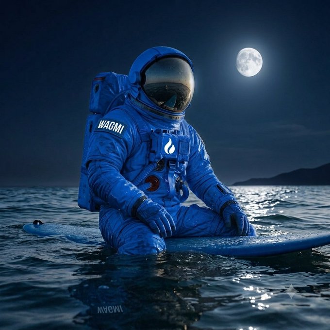 An astronaut in a blue suit, with "WAGMI" and a flame logo visible, sits on a surfboard in the ocean under a full moon. This imagery visually represents catching the "green wave" as an adventurous journey into the unknown.
