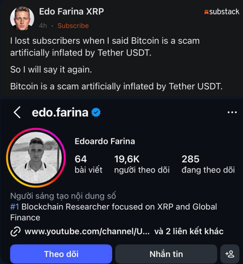 The image shows a social media post with a profile picture of a man, Edo Farina, who has gained a significant number of followers. The post includes text that says "I lost subscribers when I said Bitcoin is a scam". This message seems to be directed towards Edo's account and the cryptocurrency market in general.