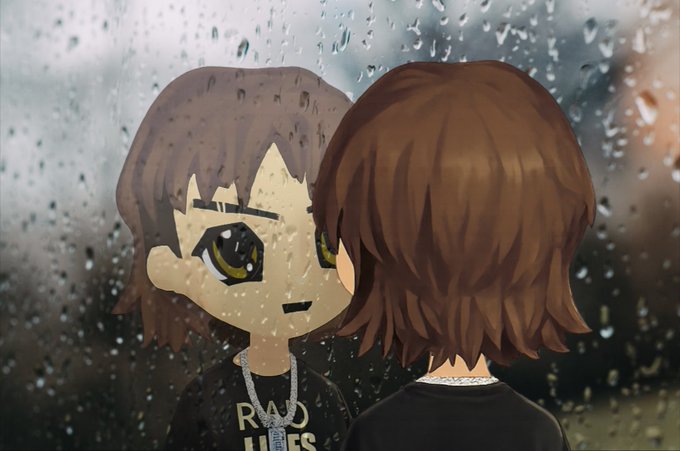 A chibi-style illustration of a brown-haired character looking at their reflection in a rain-covered window, wearing a black shirt that reads "RNB LIES" with a silver chain.