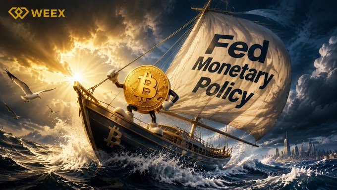 A dramatic seascape shows a sailboat carrying a Bitcoin token with a sail labeled "Fed Monetary Policy," navigating stormy waters as the sun breaks through dark clouds, symbolizing the uncertain journey of Bitcoin's next bull market driven by Federal Reserve policy decisions. The image visually captures the post's message about how Fed monetary policy outlook shapes the forces—monetary policy, AI productivity, and institutional adoption—that will steer Bitcoin's future trajectory.

Visible elements include: "WEEX" logo, "B" Bitcoin symbols on the hull and coin, and "Fed Monetary Policy" text on the sail.