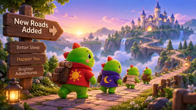 A whimsical 3D-rendered illustration of green cartoon dinosaur-like creatures walking toward a castle, with a wooden signpost reading "New Roads Added", "Better Sleep", "Happier You", and "Brighter Adventures".