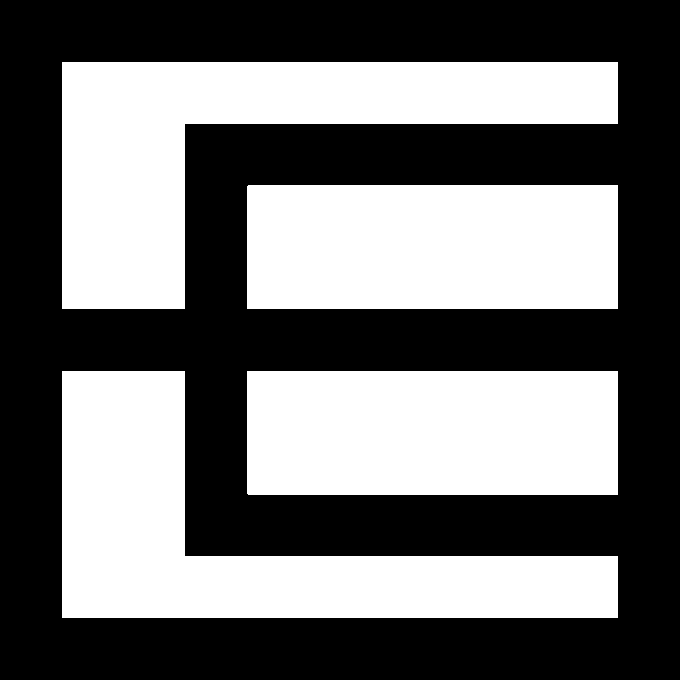 A black-and-white geometric logo featuring two interlocking block-like "E" shapes with a horizontal gap dividing them in half. The minimalist, pixelated design evokes the Ethereum branding, reinforcing the post's message about a decentralized world living on Ethereum.